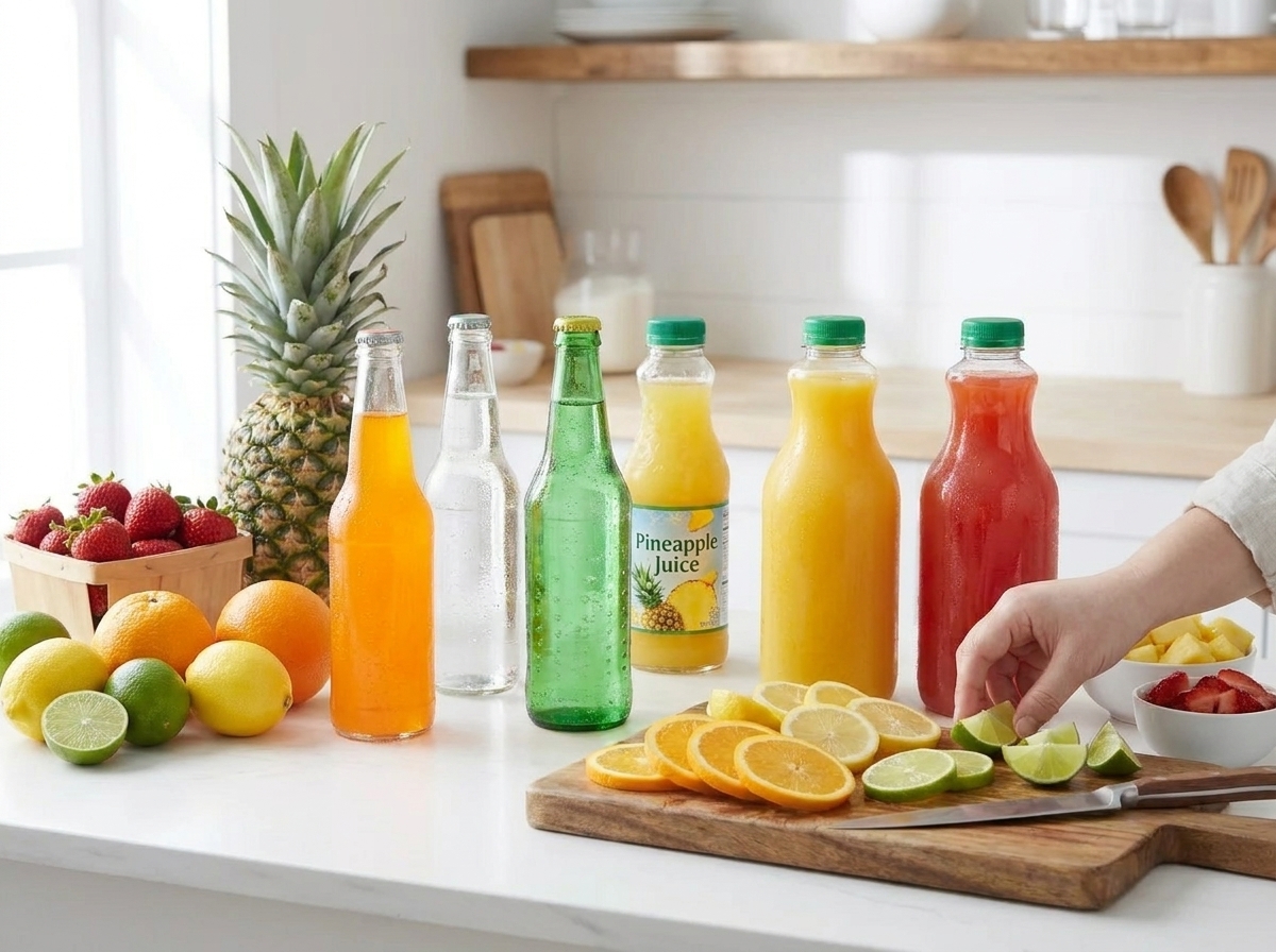 Bottles of citrus soda and fruit juice with fresh oranges, lemons, limes, pineapple, and strawberries arranged on a clean kitchen counter