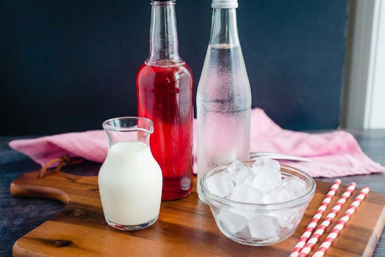 Bottles of flavored syrup, sparkling water, a small pitcher of half-and-half, and a bowl of ice arranged on a clean kitchen counter
