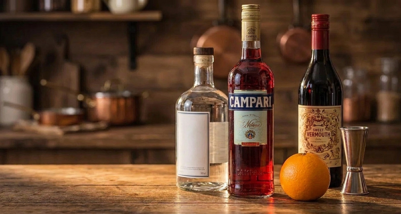 Bottles of gin, Campari, and sweet vermouth lined up on a tidy kitchen counter next to an orange and a jigger