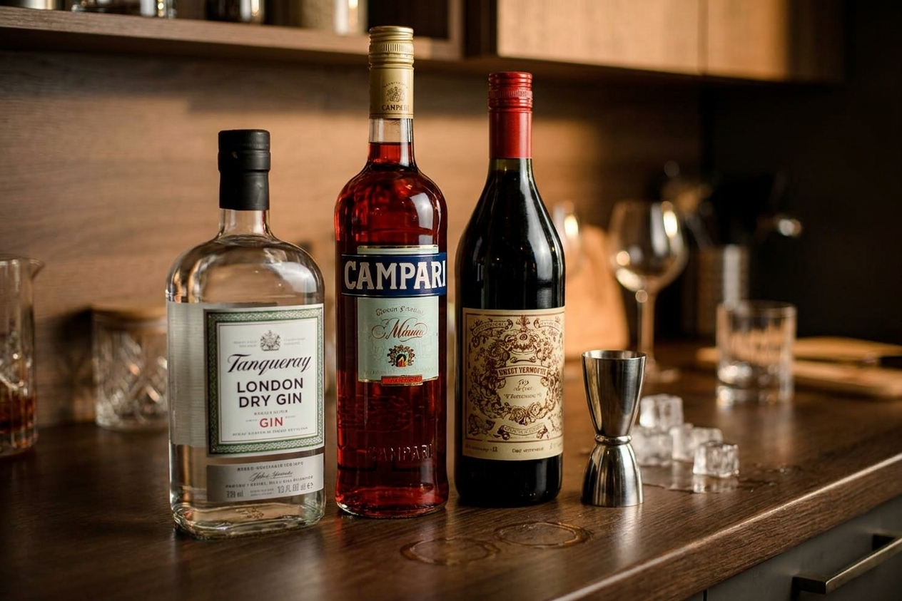 Bottles of gin, Campari, and sweet vermouth with a jigger on a kitchen counter, ready to measure