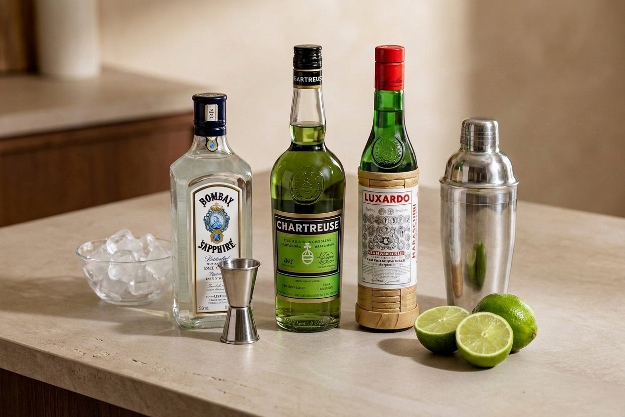 Bottles of gin, green Chartreuse, maraschino liqueur, and fresh limes arranged on a clean kitchen counter with a jigger and cocktail shaker