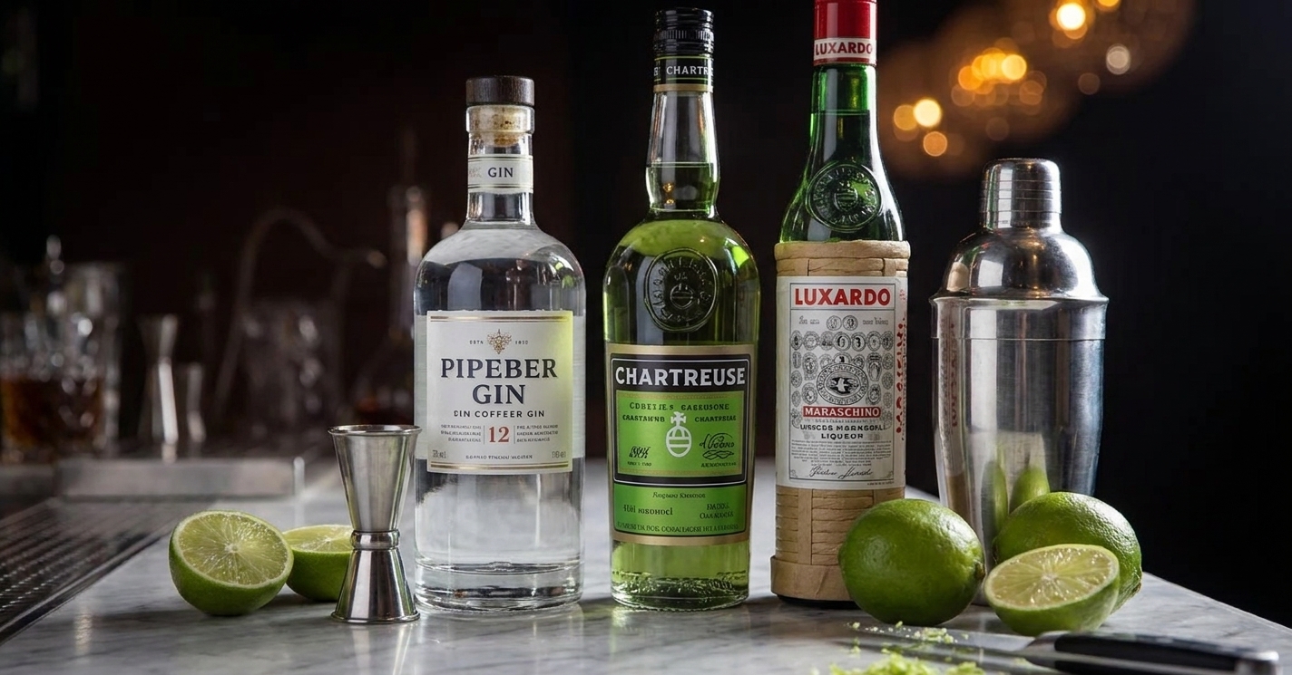 Bottles of gin, green Chartreuse, maraschino liqueur, and fresh limes arranged on a clean kitchen counter with a jigger and cocktail shaker
