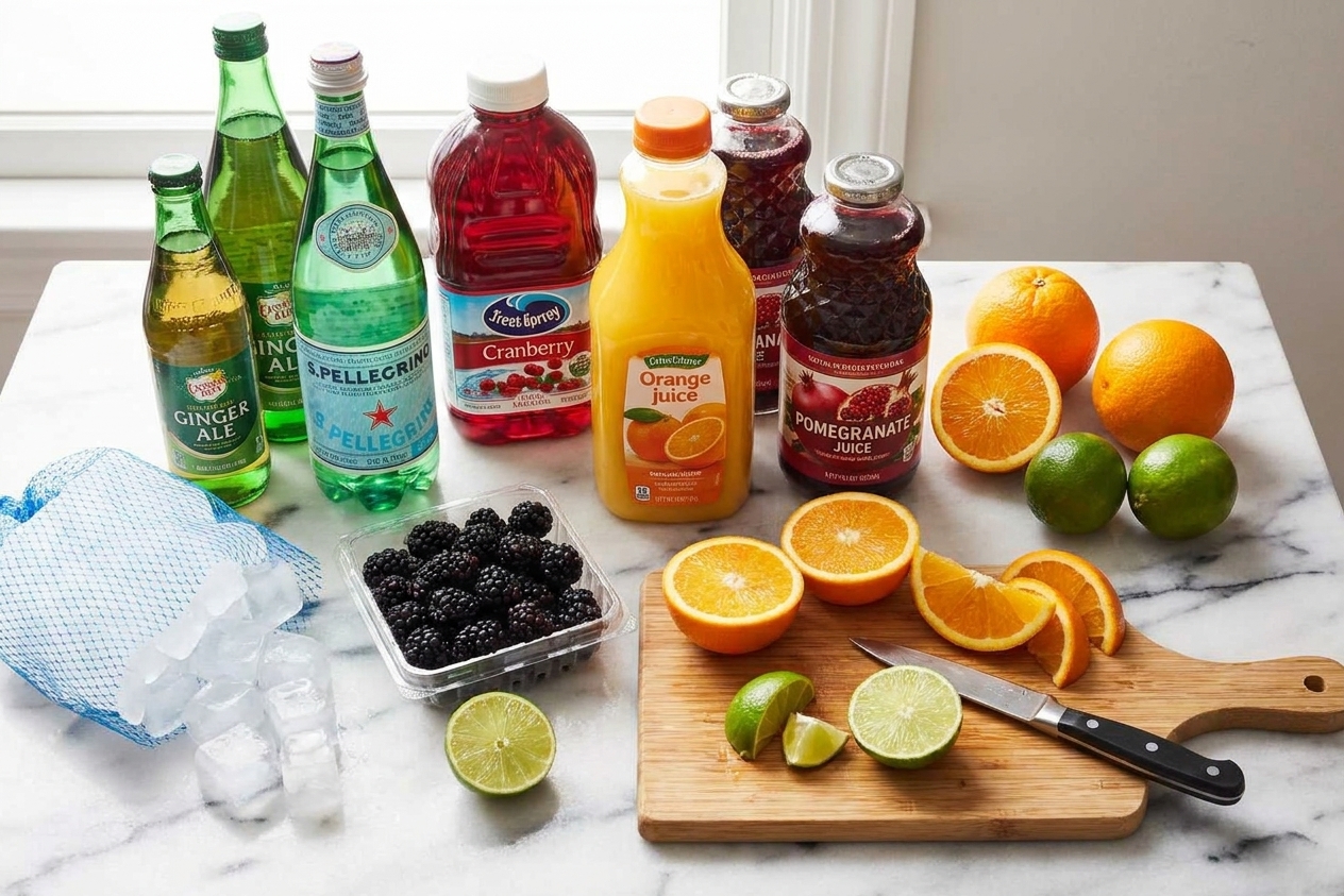 Bottles of ginger ale and sparkling water, cranberry juice, orange juice, pomegranate juice, fresh oranges, limes, blackberries, and a bag of ice arranged on a kitchen counter