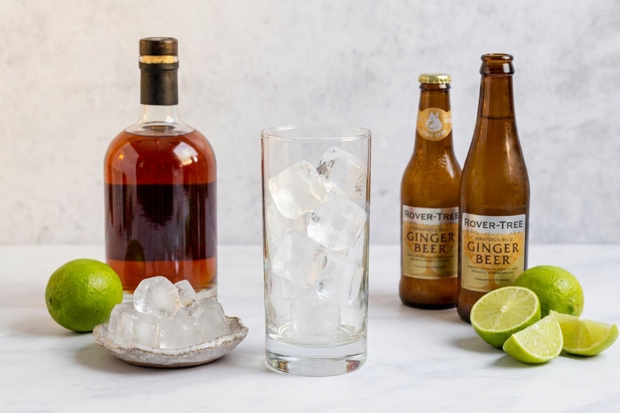Bottles of ginger beer and dark rum with whole limes and a glass of ice arranged on a clean kitchen counter in warm natural light
