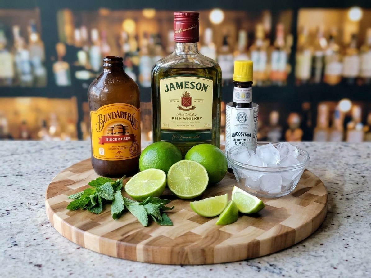 Bottles of ginger beer and whiskey with fresh limes, bitters, and ice on a clean kitchen counter