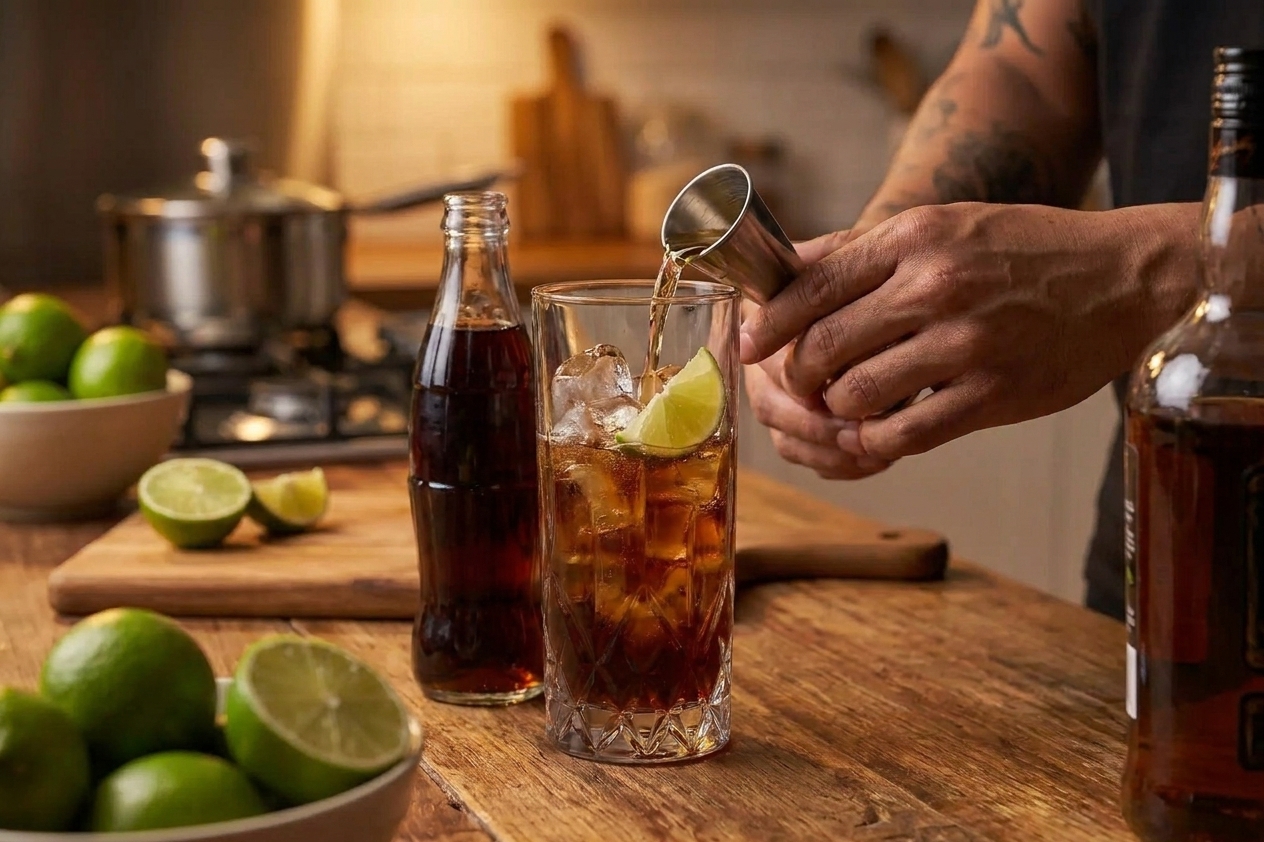 Bottles of light rum and cola with fresh limes, a jigger, and a highball glass on a bright kitchen counter