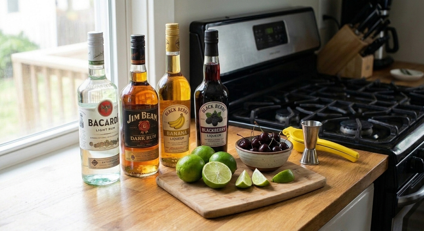 Bottles of light rum, dark rum, banana liqueur, and blackberry liqueur lined up on a kitchen counter with a cutting board of limes and a small bowl of cherries
