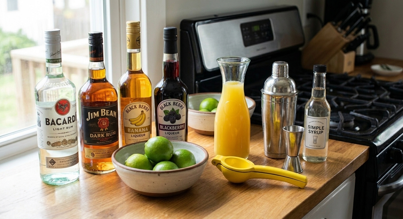 Bottles of light rum, dark rum, banana liqueur, blackberry liqueur, plus fresh limes, pineapple juice, and simple syrup arranged on a clean kitchen counter next to a cocktail shaker