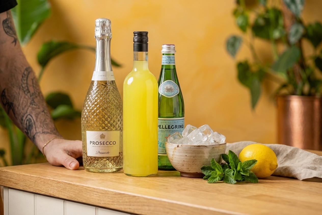 Bottles of limoncello, Prosecco, and sparkling water with a lemon, fresh mint, and a bowl of ice arranged on a clean kitchen counter