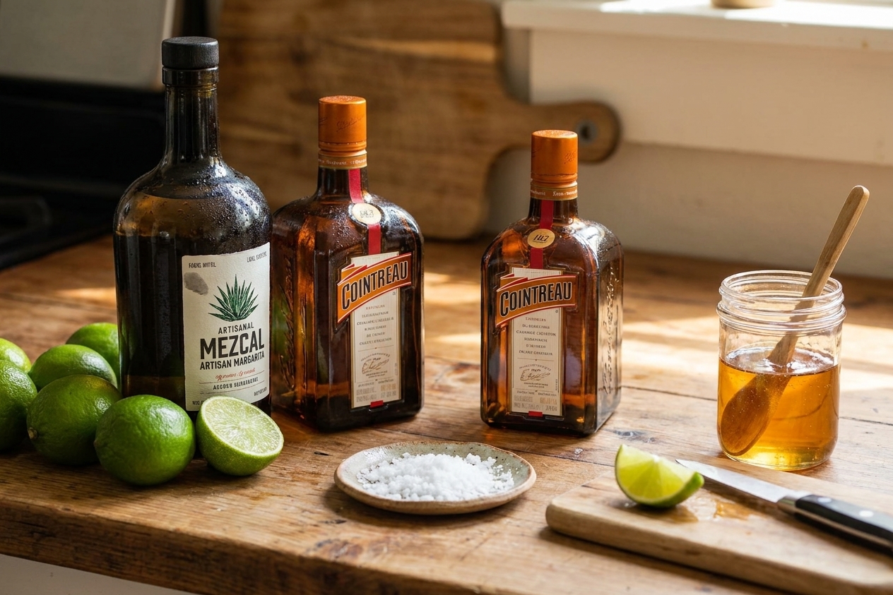 Bottles of mezcal and orange liqueur with fresh limes, a small dish of salt, and a small jar of agave nectar arranged on a kitchen counter