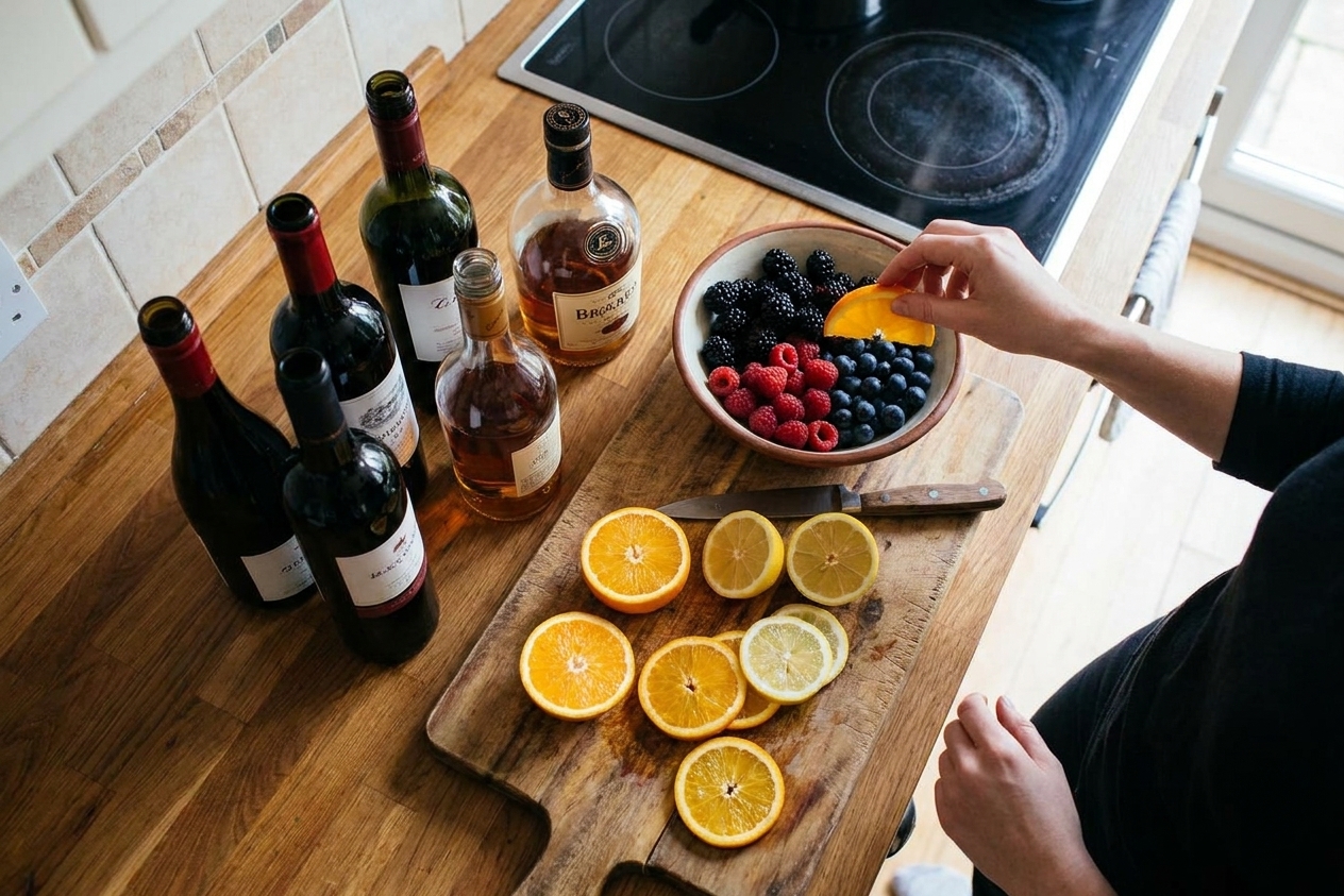 Bottles of red wine and brandy with a cutting board of sliced oranges, lemons, and a bowl of berries arranged on a home kitchen counter