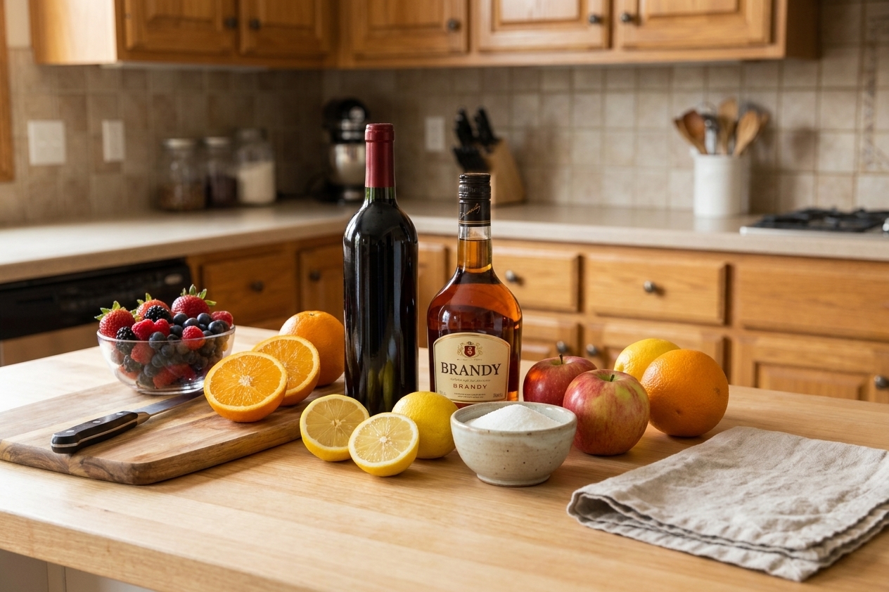Bottles of red wine, brandy, orange, lemon, apples, berries, and a small bowl of sugar arranged on a clean kitchen counter