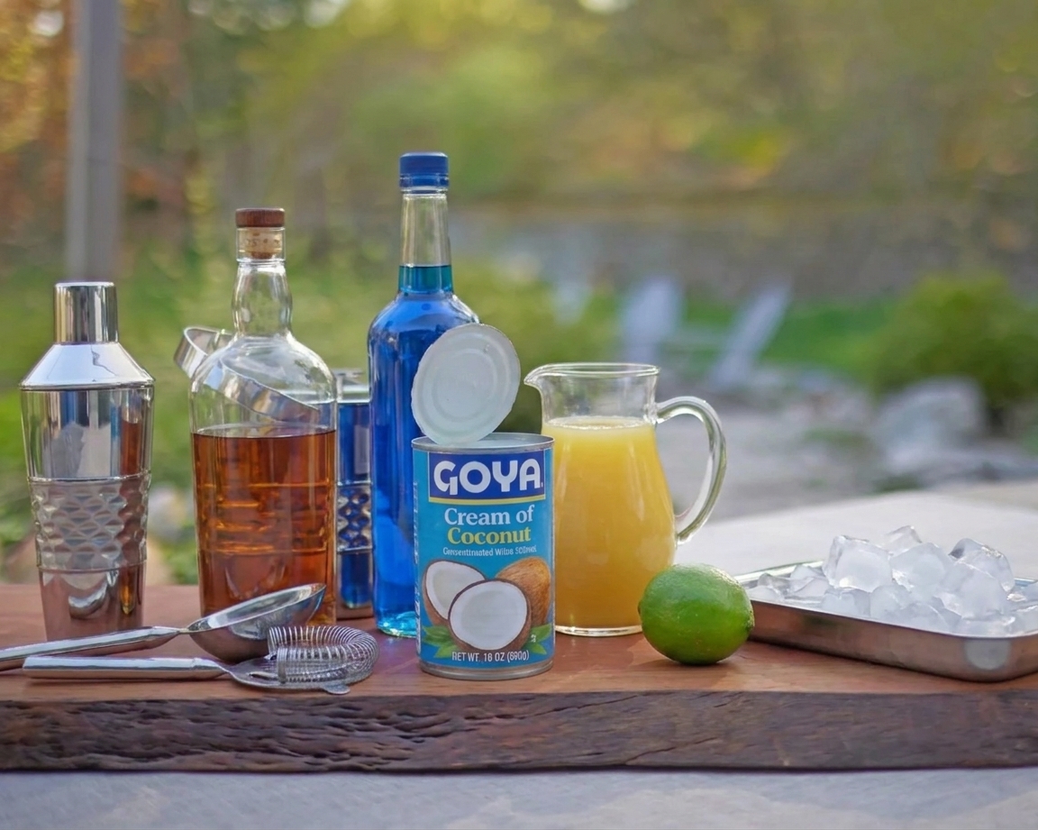 Bottles of rum and blue curaçao next to pineapple juice, cream of coconut, a lime, and a tray of ice on a clean kitchen counter