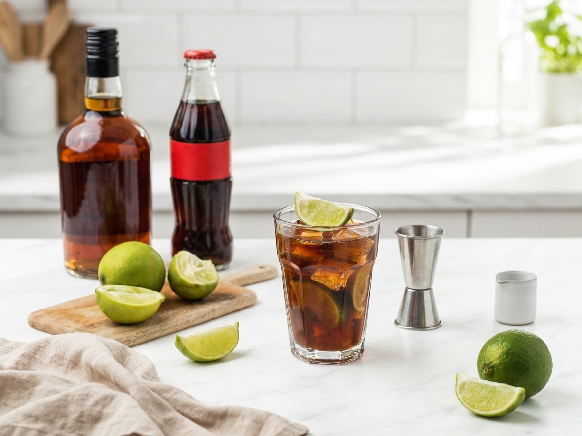 Bottles of rum and cola with a fresh lime, a jigger, and a highball glass set on a bright kitchen counter