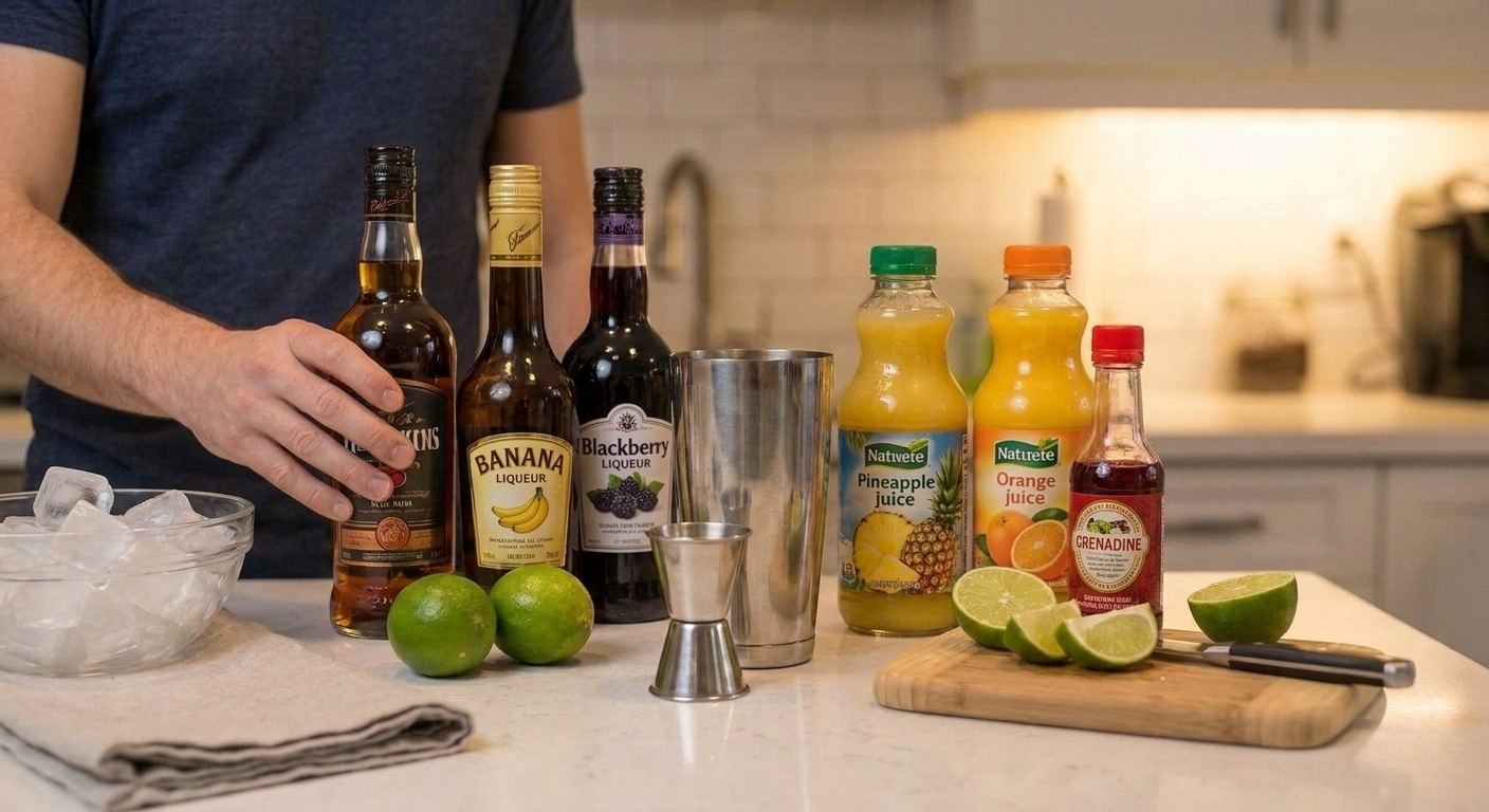 Bottles of rum, banana liqueur, blackberry liqueur, pineapple juice, orange juice, lime, and grenadine arranged on a tidy kitchen counter with a jigger and cocktail shaker