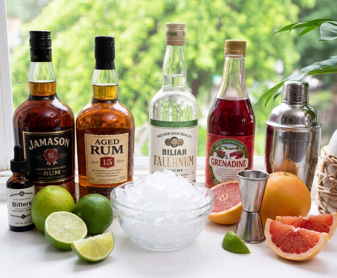 Bottles of rum, lime, grapefruit, falernum, grenadine, bitters, and a bowl of crushed ice arranged on a home kitchen counter with a jigger and shaker