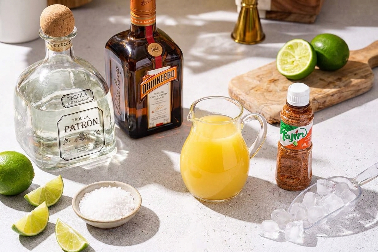 Bottles of tequila and orange liqueur beside a small pitcher of pineapple juice, fresh limes, kosher salt, Tajín, and ice on a clean kitchen counter