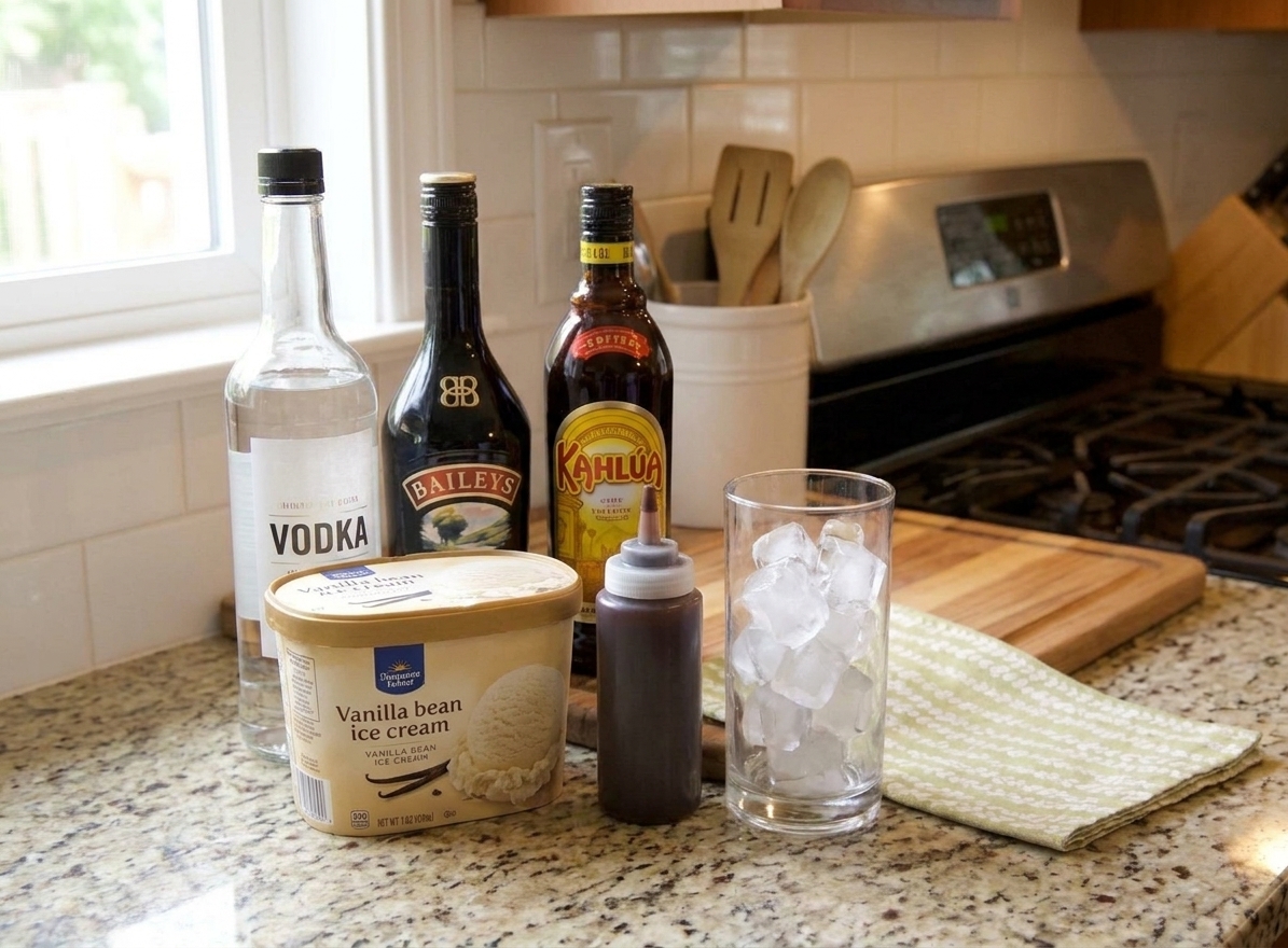 Bottles of vodka, Irish cream, and coffee liqueur arranged beside vanilla ice cream, chocolate syrup, and a cup of ice on a tidy kitchen counter with warm natural light
