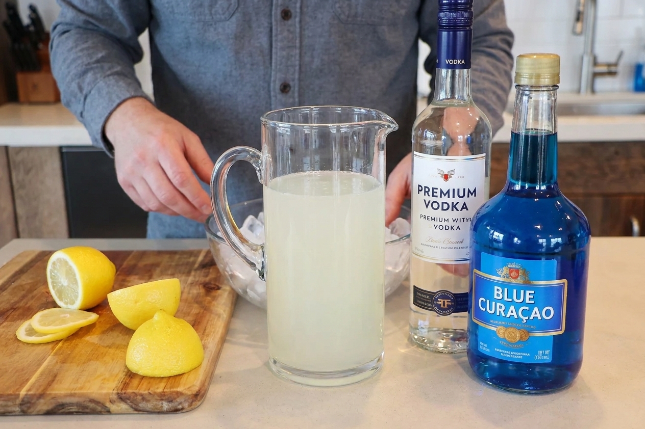 Bottles of vodka and blue curaçao beside a pitcher of lemonade, a lemon, and a bowl of ice on a kitchen counter