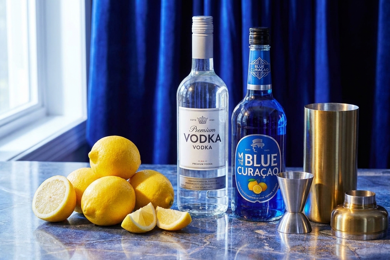 Bottles of vodka and blue curaçao beside fresh lemons, a jigger, and a cocktail shaker arranged on a clean kitchen counter in bright natural light