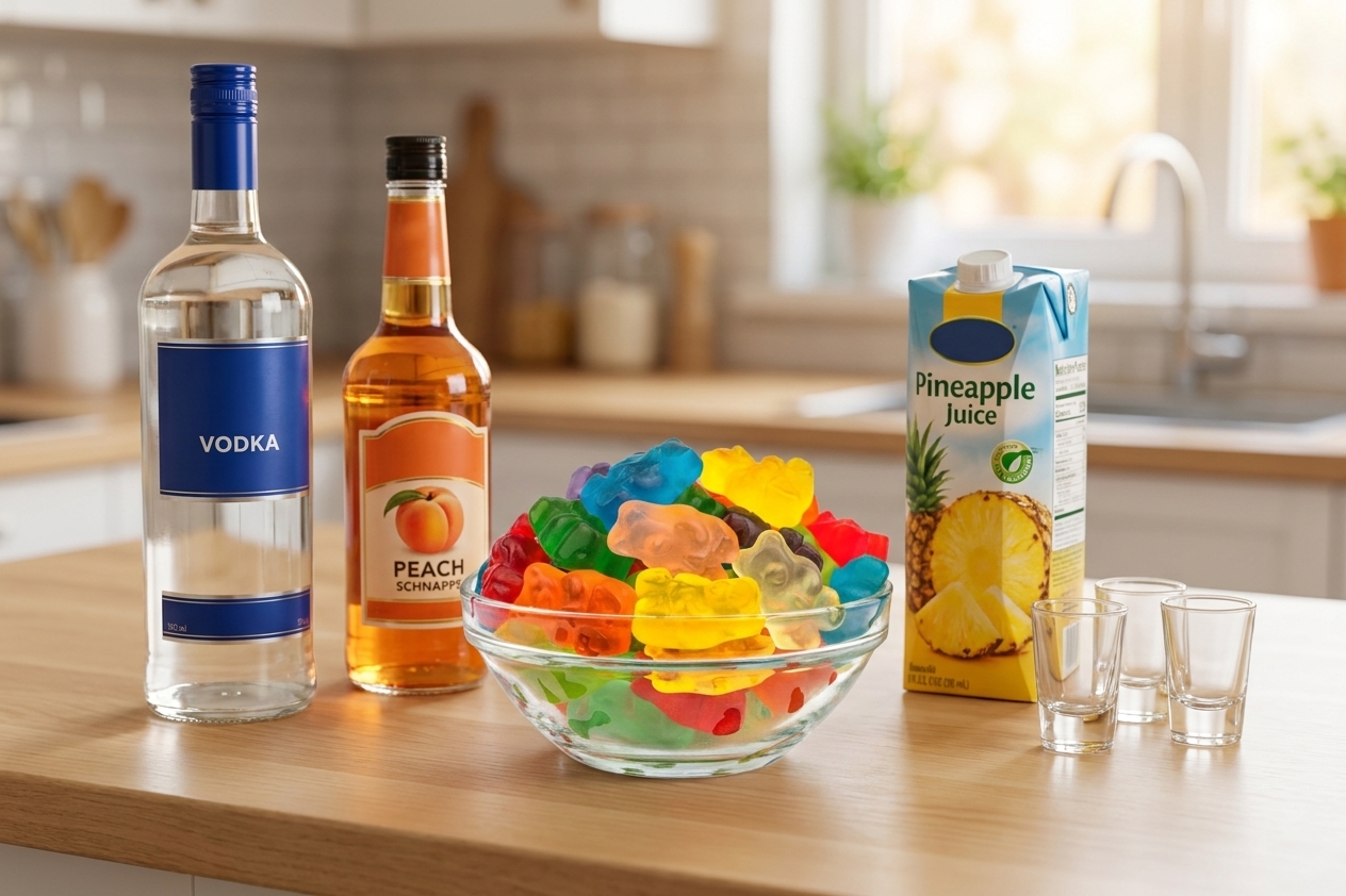 Bottles of vodka and peach schnapps next to a carton of pineapple juice, shot glasses, and a small bowl of gummy bears on a clean kitchen counter