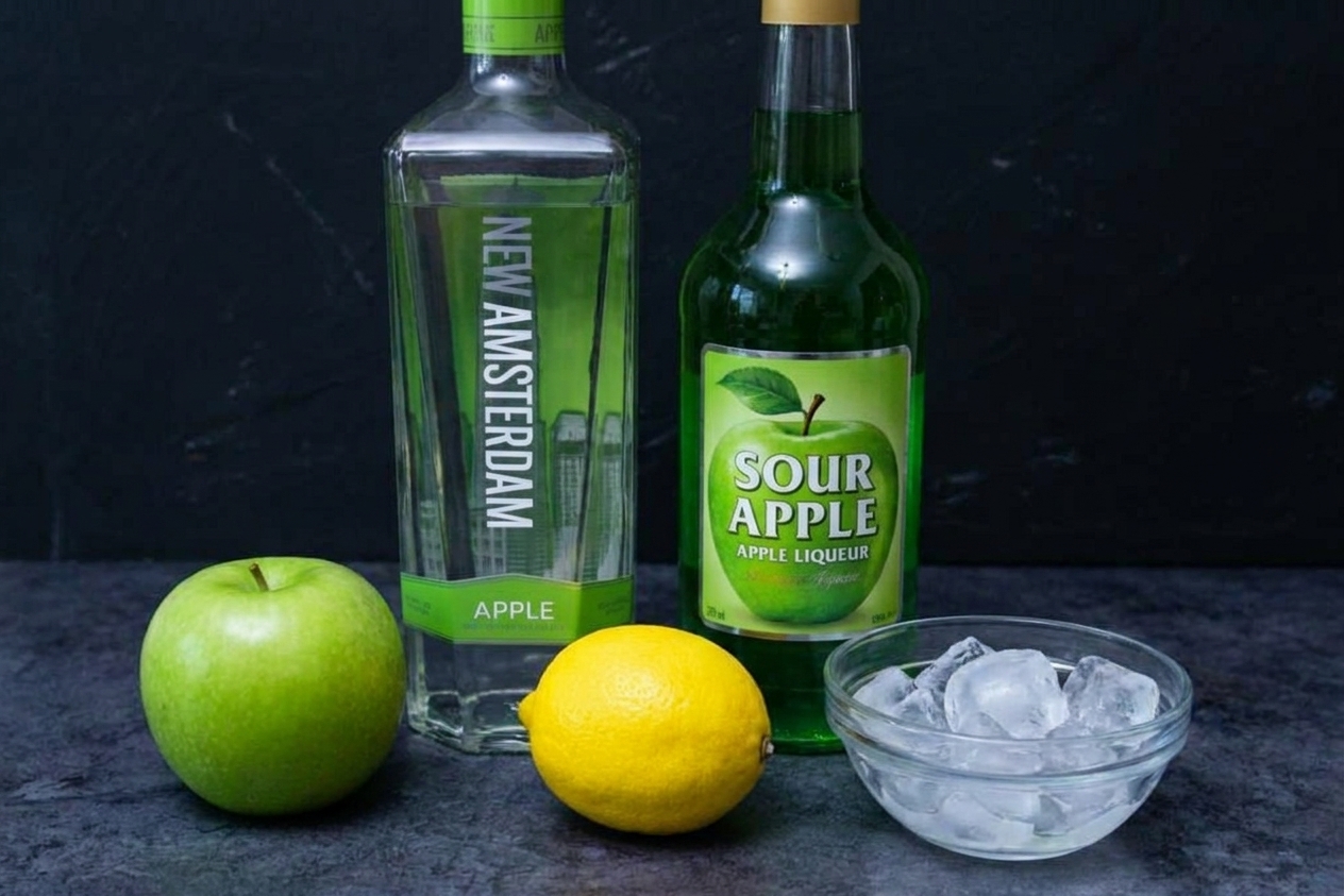 Bottles of vodka and sour apple liqueur alongside a lemon, a green apple, and a small bowl of ice arranged on a tidy kitchen counter