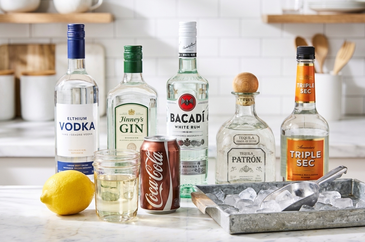 Bottles of vodka, gin, white rum, tequila, and triple sec arranged beside a lemon, simple syrup, cola, and a tray of ice on a bright kitchen counter