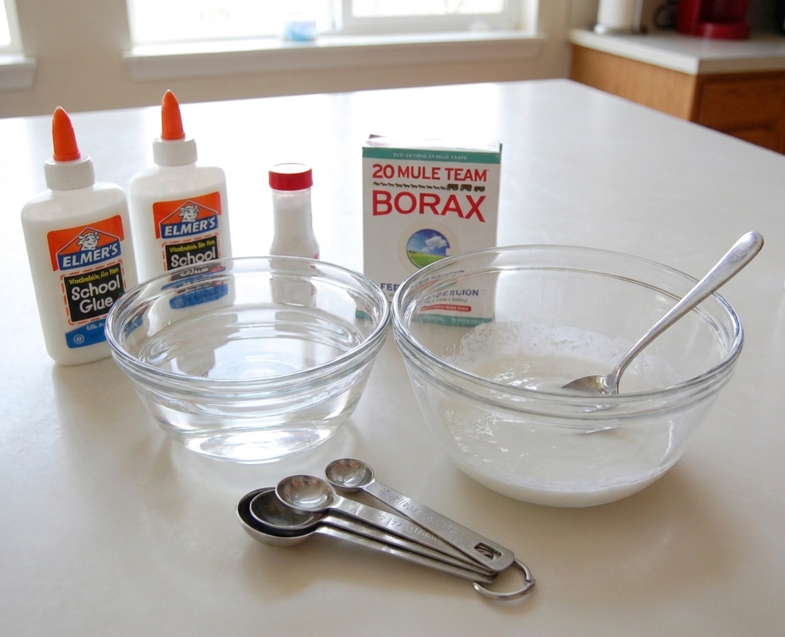 Bottles of white school glue, a small box of borax, measuring spoons, and clear bowls of water arranged on a kitchen counter