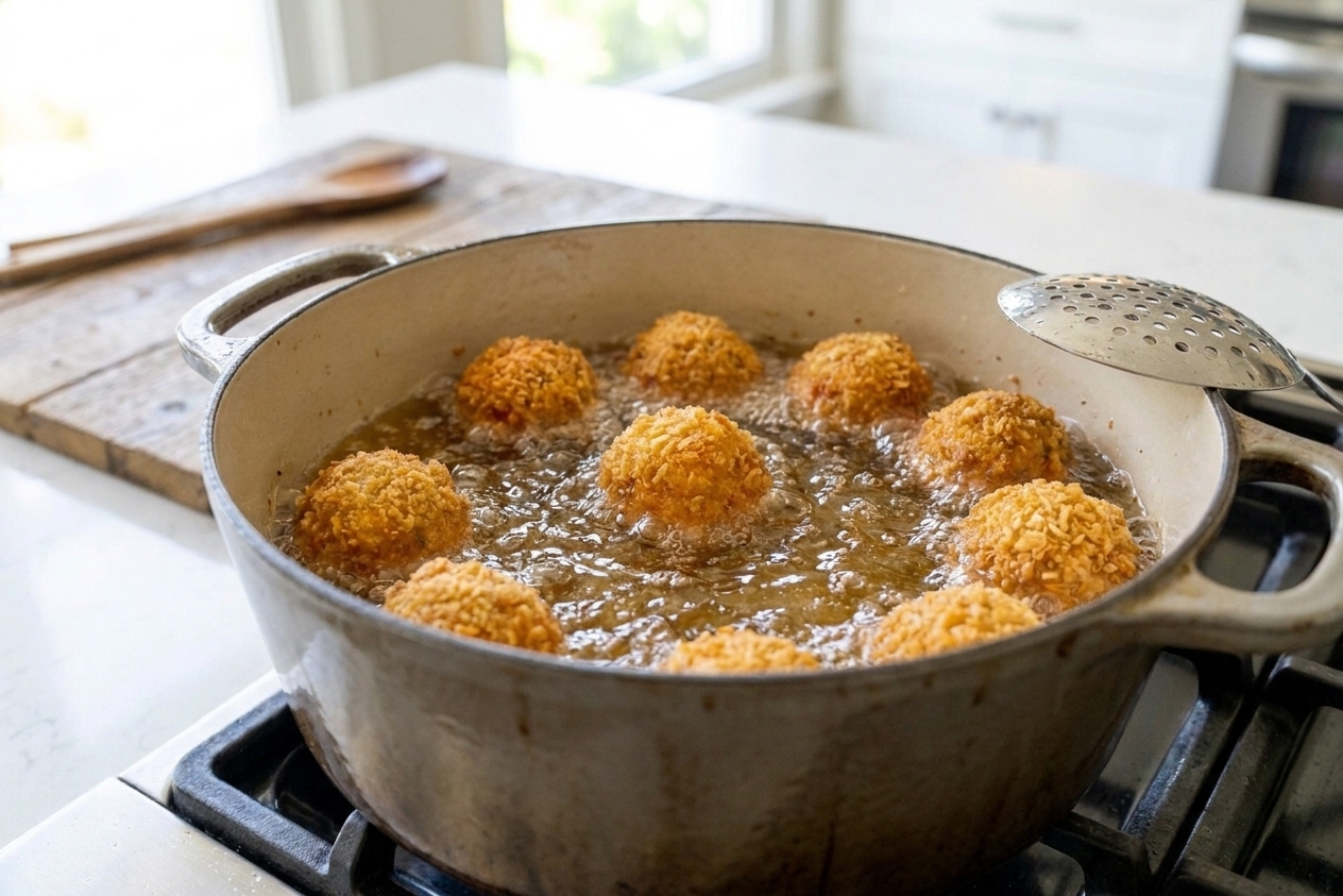 Boudin balls bubbling in hot oil in a deep pot, turning golden brown as they fry