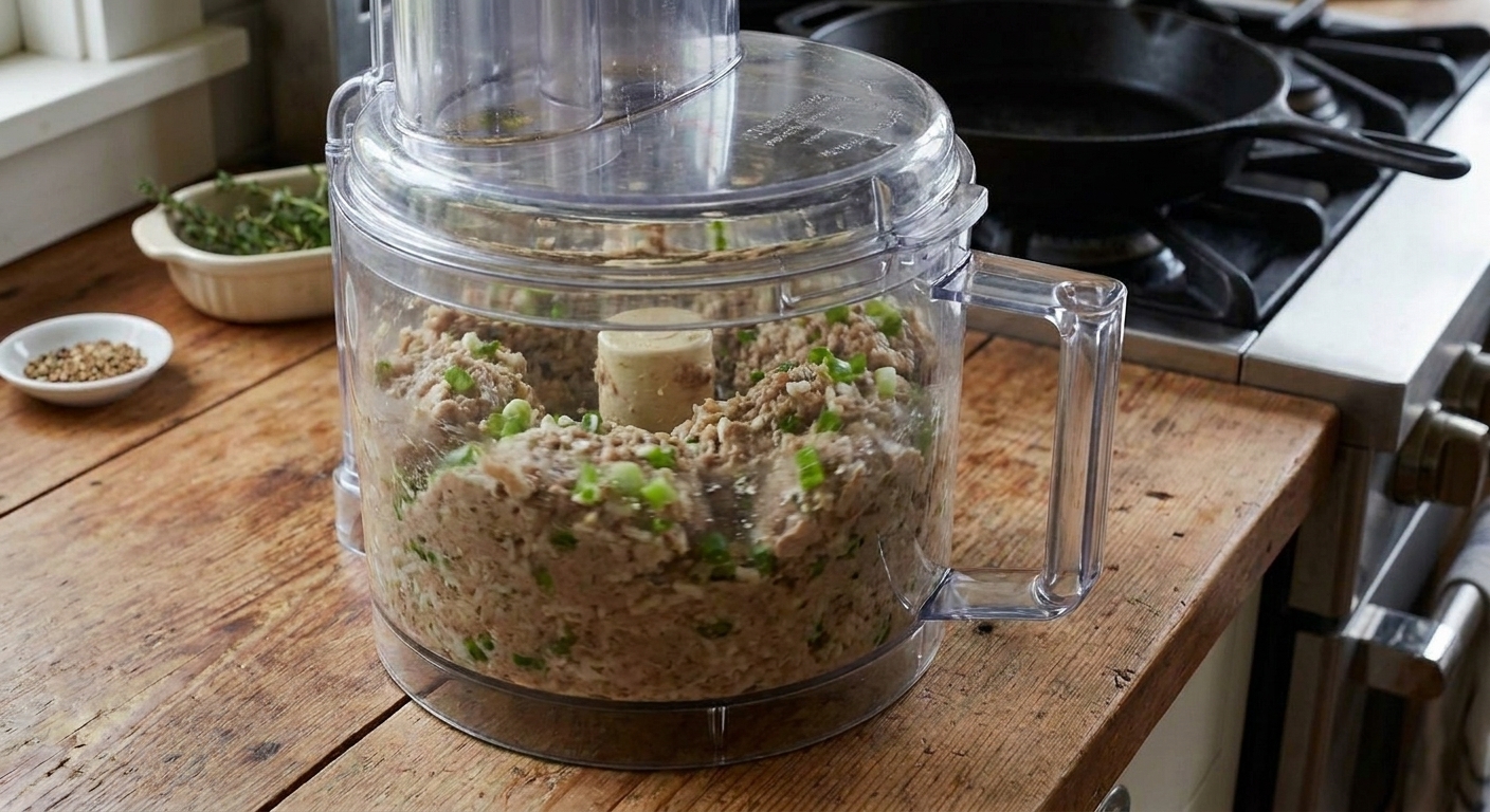 Boudin filling being pulsed in a food processor bowl, showing a thick pork and rice mixture with visible green onion pieces