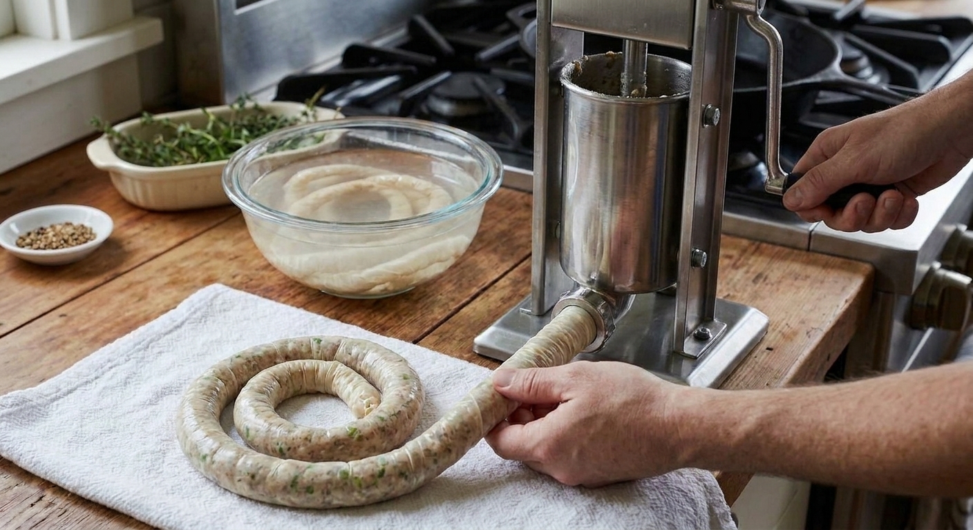 Boudin mixture being fed into a sausage stuffer and filled into natural casings on a home kitchen counter