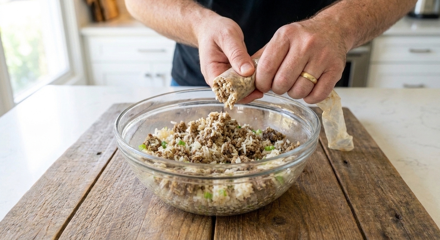 Boudin sausage filling being squeezed out of the casing into a mixing bowl on a kitchen counter