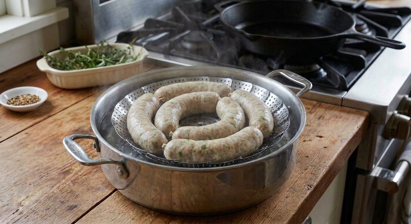 Boudin sausage links arranged in a steamer basket over simmering water on a stovetop