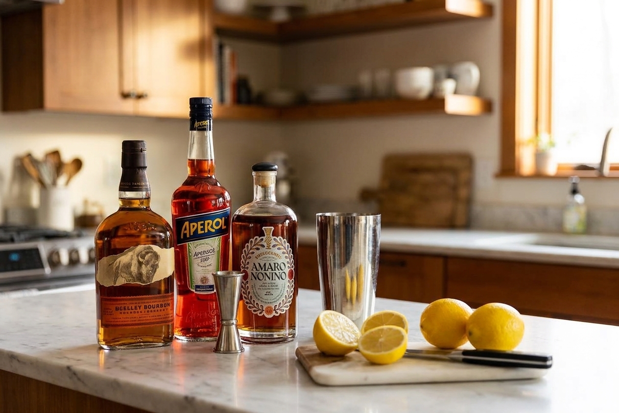 Bourbon, Aperol, Amaro Nonino, and fresh lemons arranged on a clean kitchen counter next to a jigger and cocktail shaker