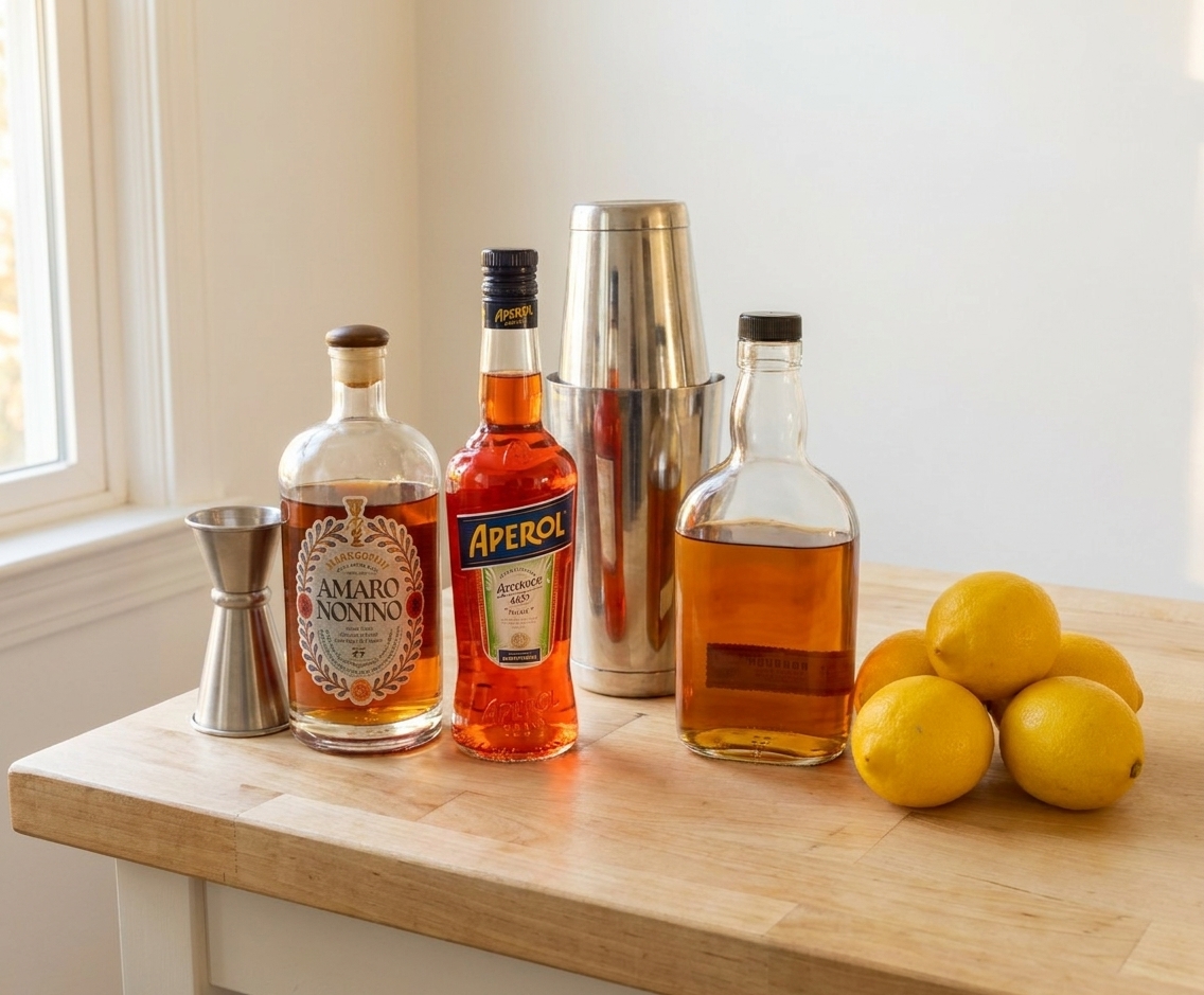 Bourbon, Aperol, Amaro Nonino, and fresh lemons arranged on a kitchen counter next to a jigger and cocktail shaker, warm natural light