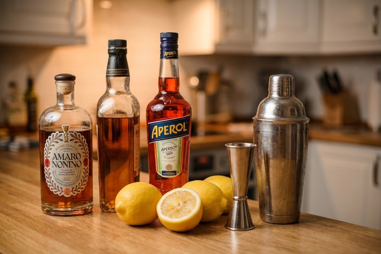 Bourbon, Aperol, Amaro Nonino, and fresh lemons arranged on a kitchen counter next to a jigger and cocktail shaker