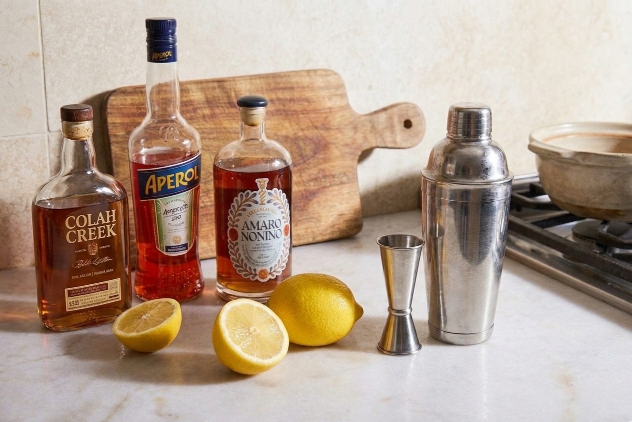 Bourbon, Aperol, Amaro Nonino, fresh lemons, a jigger, and a cocktail shaker arranged on a clean kitchen counter