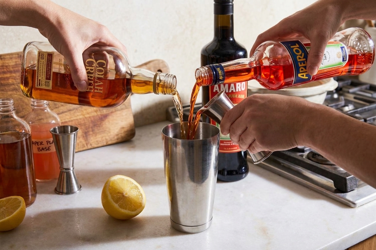 Bourbon, Aperol, amaro, and lemon juice being poured into a stainless steel cocktail shaker on a home kitchen counter