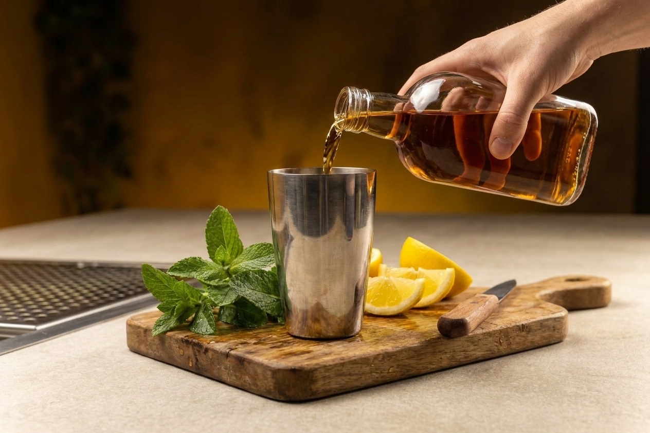 Bourbon being poured into a cocktail shaker with mint and lemon