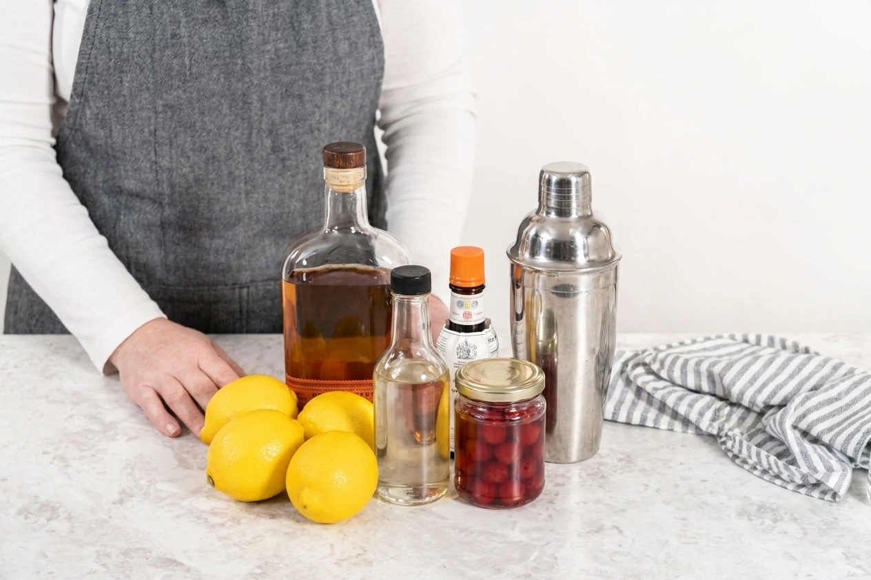 Bourbon, fresh lemons, a small bottle of simple syrup, bitters, a jar of cocktail cherries, and a cocktail shaker arranged on a light kitchen counter