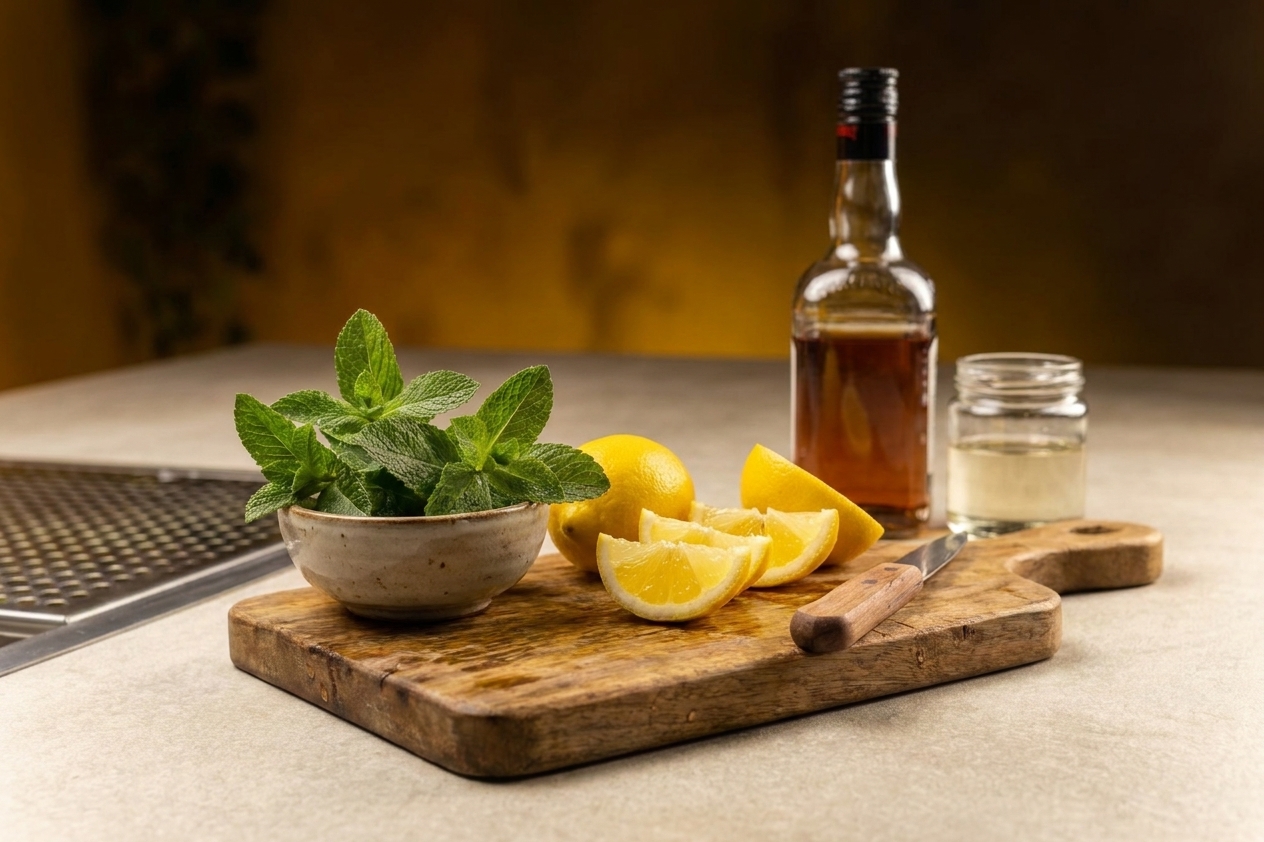 Bourbon, fresh lemons, a small bowl of mint, and a jar of simple syrup arranged on a clean kitchen counter