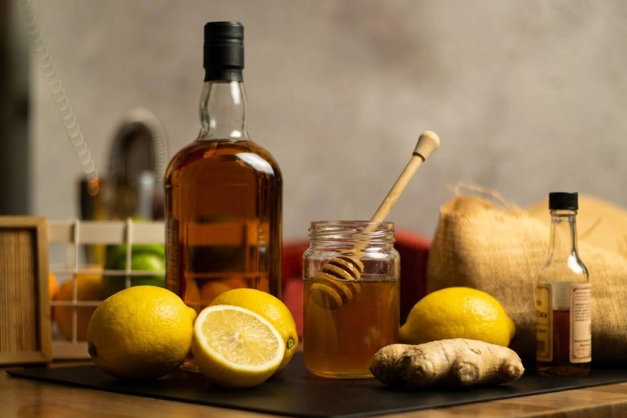 Bourbon, fresh lemons, honey, fresh ginger, and a small bottle of Angostura bitters arranged on a clean kitchen counter in natural light
