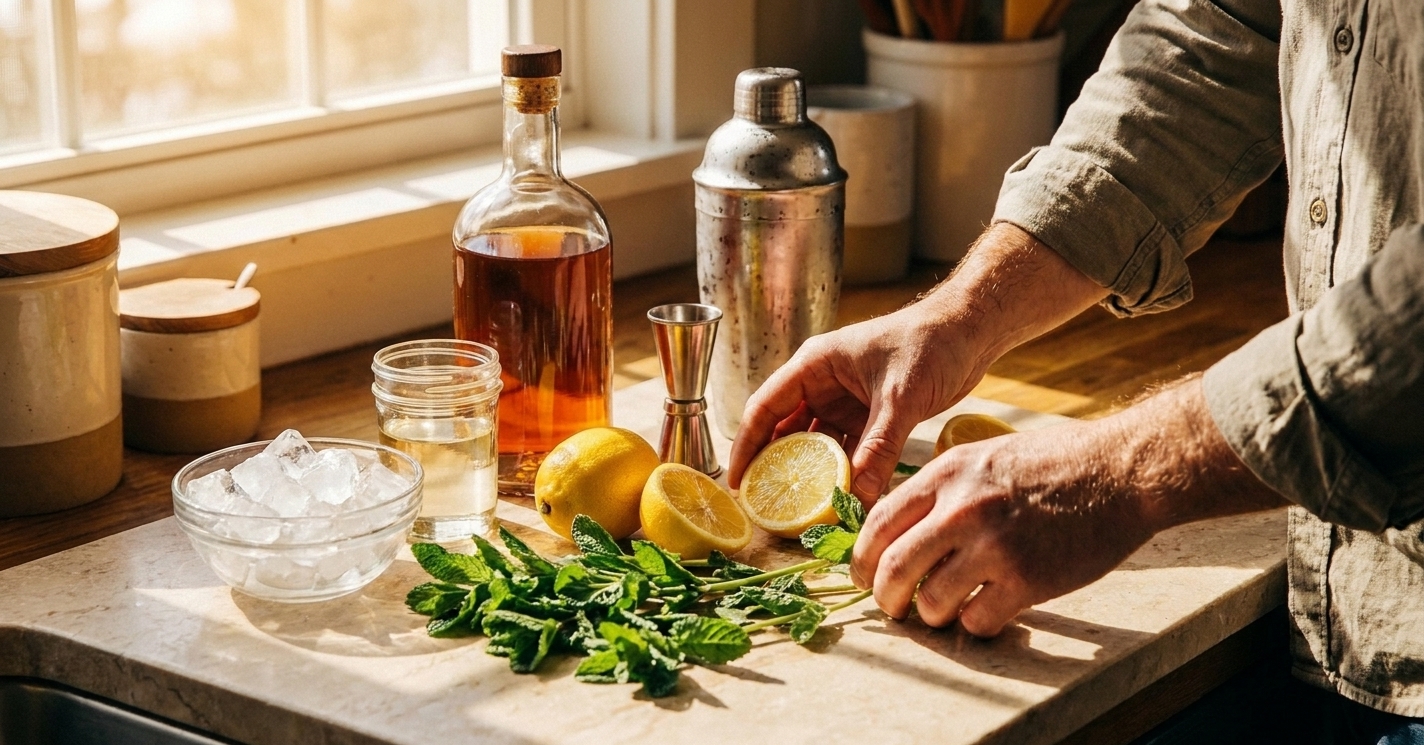 Bourbon, fresh mint, lemons, simple syrup, and ice arranged on a light stone kitchen counter with a jigger and cocktail shaker nearby