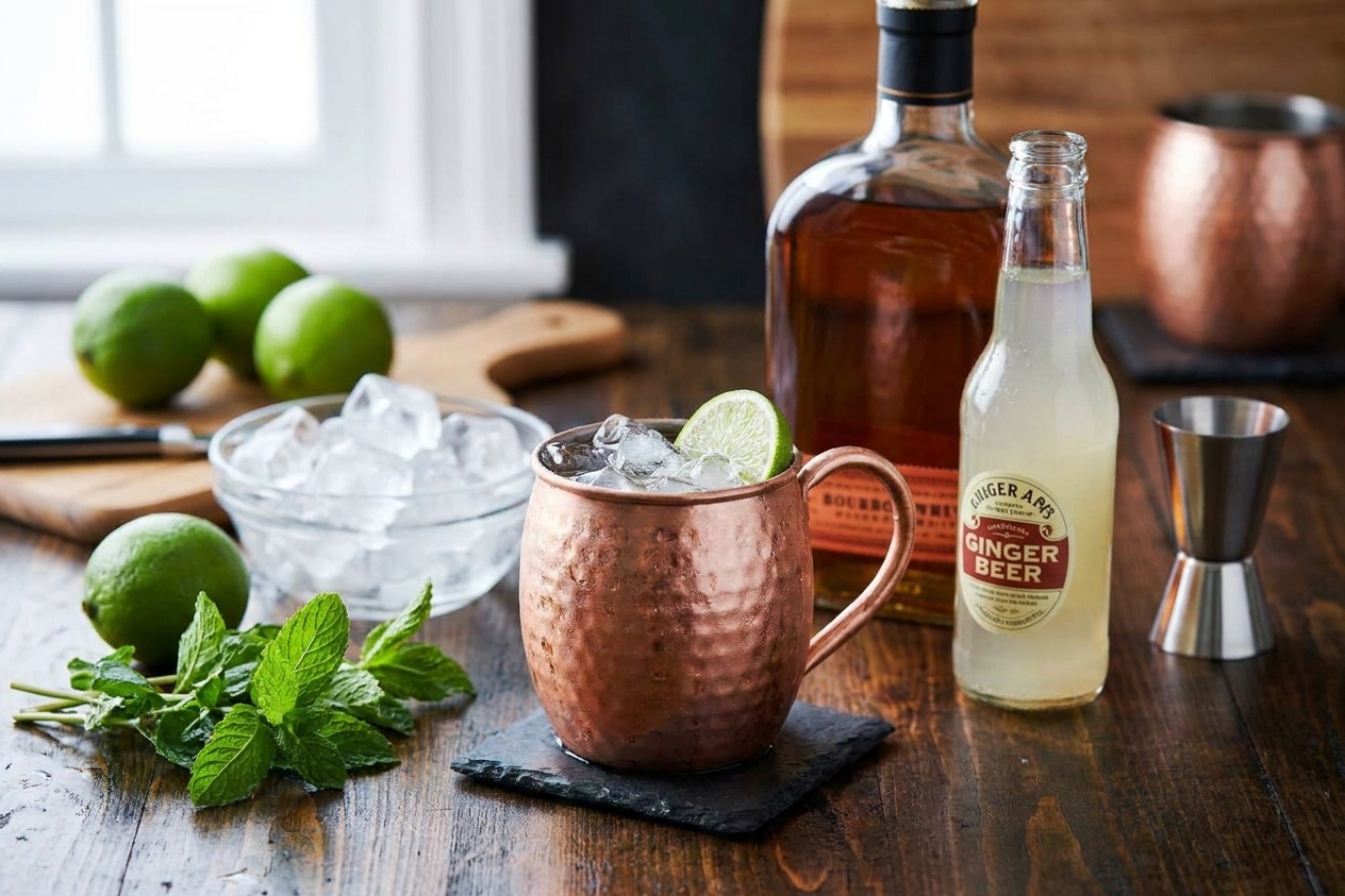 Bourbon, ginger beer, whole limes, mint, and a bowl of ice arranged on a clean kitchen counter with copper mugs nearby