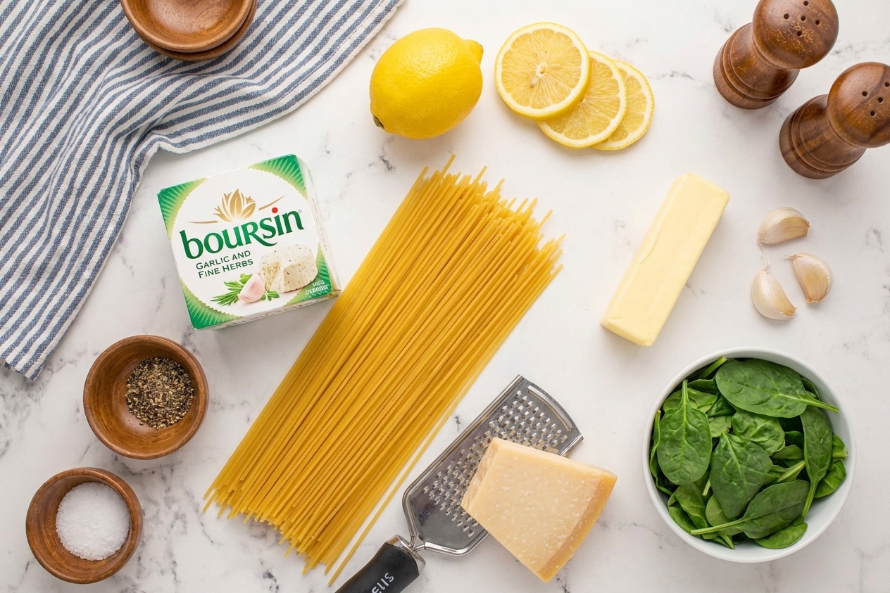 Boursin Garlic and Fine Herbs cheese, uncooked pasta, lemon, Parmesan, butter, garlic, and spinach arranged on a clean kitchen counter