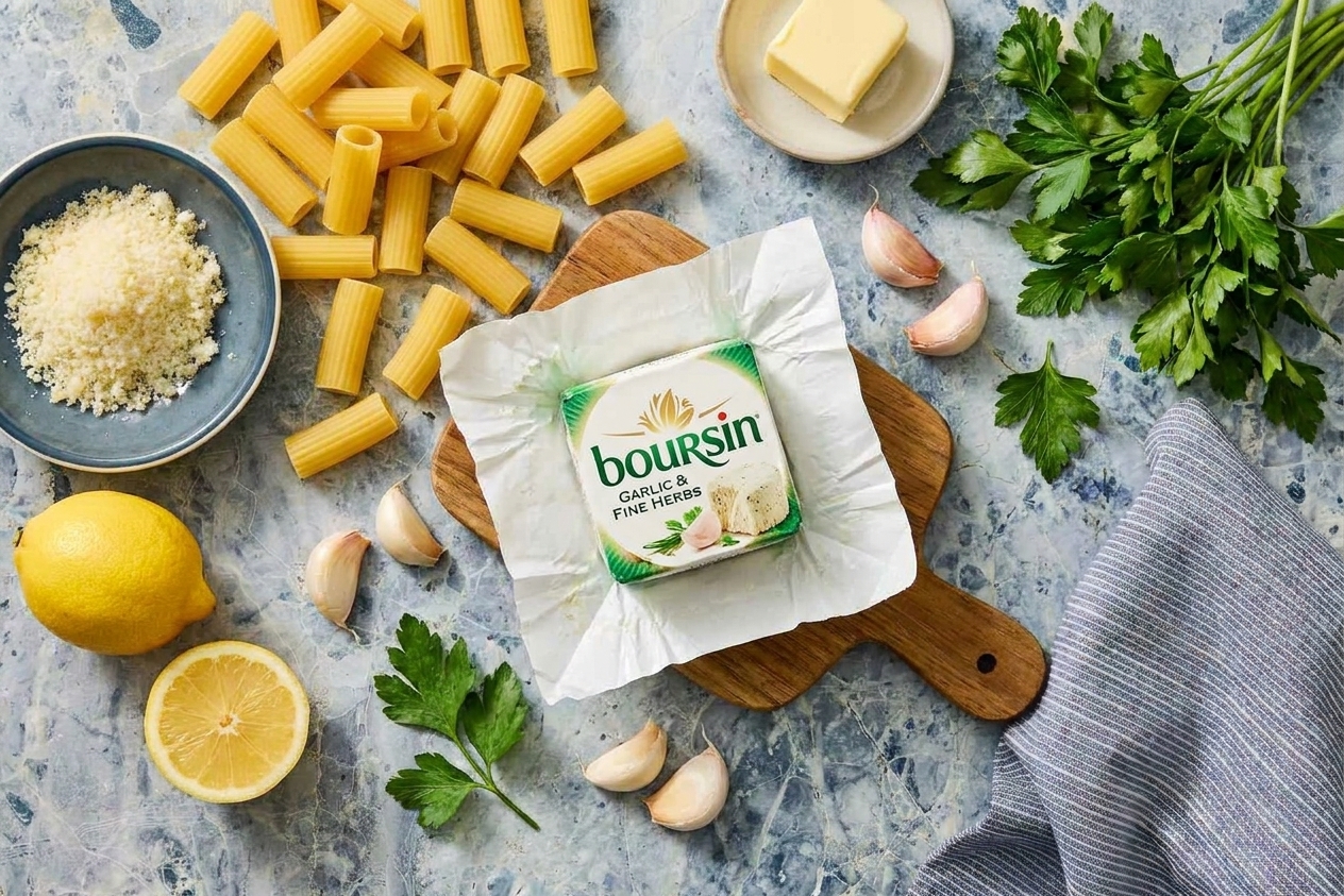 Boursin garlic and herb cheese, dry pasta, Parmesan, lemon, garlic, butter, and parsley arranged on a clean kitchen counter with soft natural light