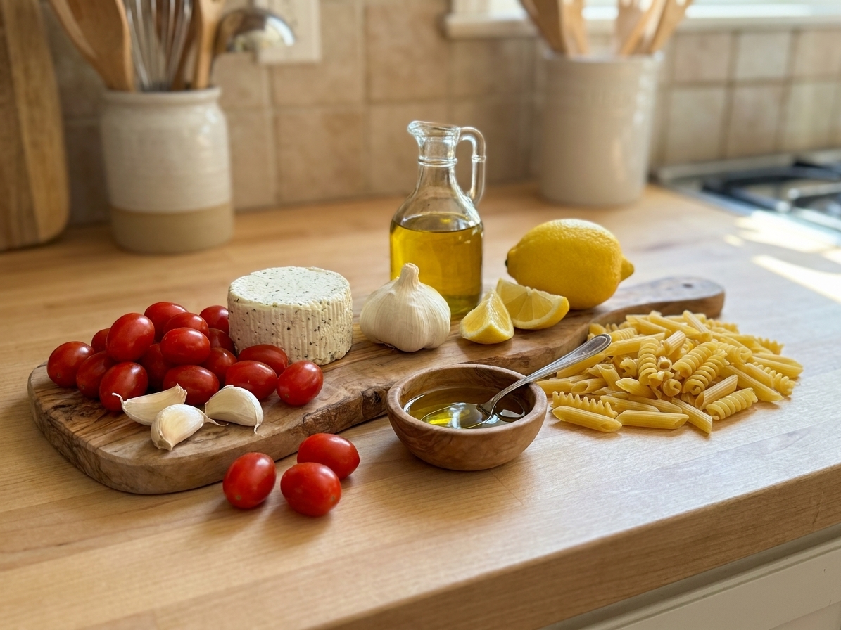 Boursin-style garlic herb cheese, cherry tomatoes, garlic cloves, olive oil, lemon, and uncooked pasta arranged on a clean kitchen counter under soft daylight