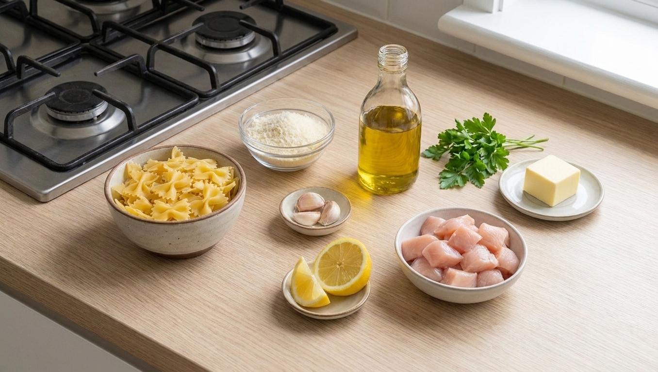 Bow tie pasta, Parmesan, garlic, lemon, chicken, butter, olive oil, and parsley arranged on a clean kitchen counter in soft natural light