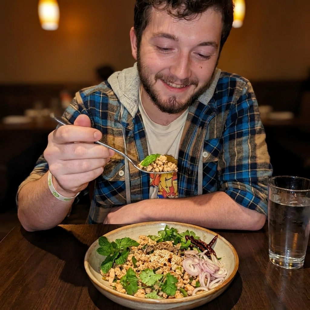 Bowl of Isaan-style larb gai with minced chicken, toasted rice powder, mint, cilantro, sliced shallots, and dried chili