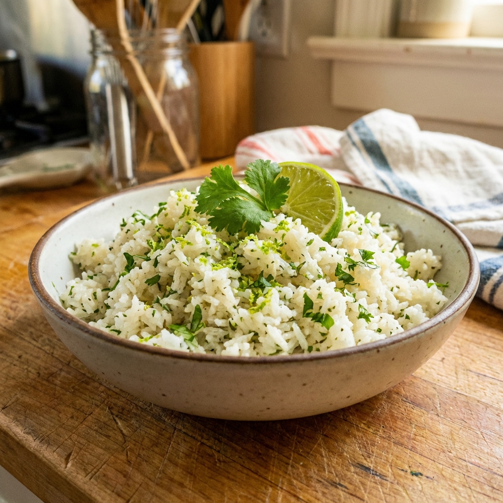 Bowl of cilantro lime rice with fresh cilantro and lime wedge
